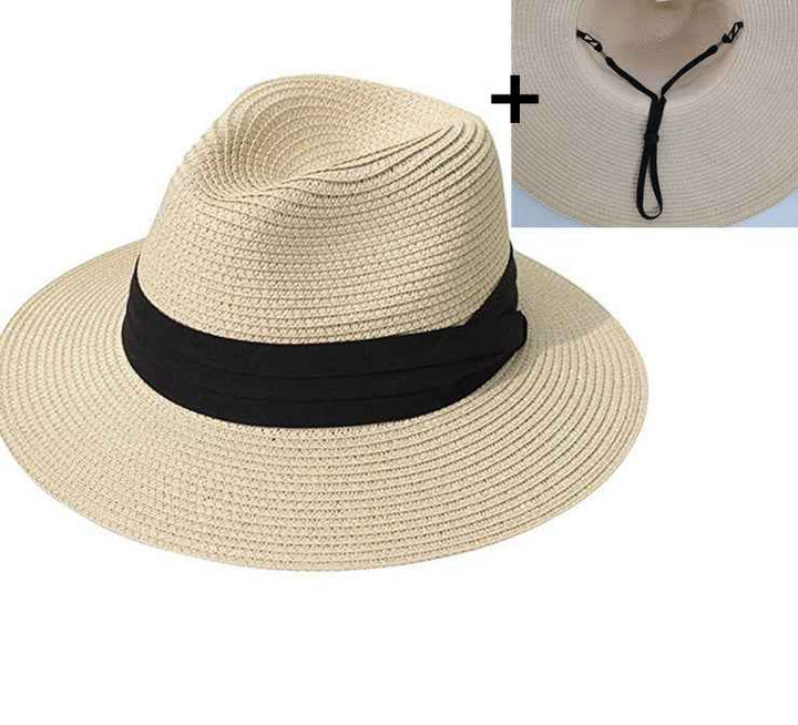Casual All-match Sun Hat Foldable Sun Hat Beige with windproof rope