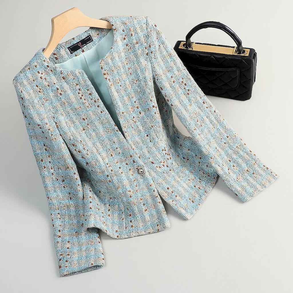 Women's Tweed Pearl Single Button Blazer Blue Mist