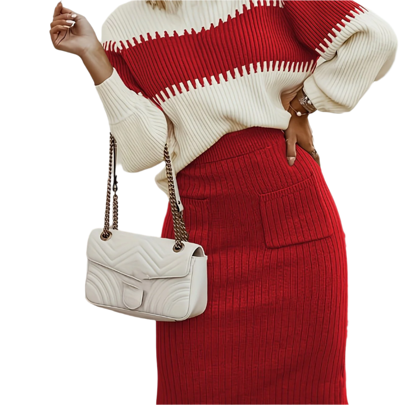 Women's Ribbed Twinset: Knitted Sweater & Pencil Skirt - Long Sleeve Comfort Fit Red