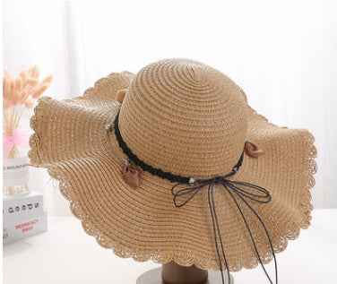 A Sunscreen Han Edition Big Beach Hat Wavy Skirt Together Leather Rope Weaving Light coffee color One size