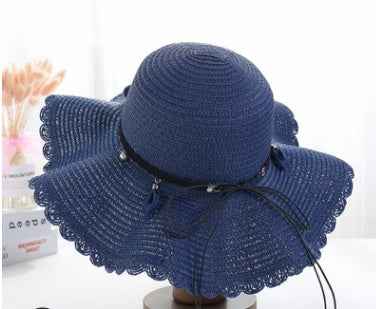 A Sunscreen Han Edition Big Beach Hat Wavy Skirt Together Leather Rope Weaving Navy Blue One size