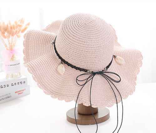 A Sunscreen Han Edition Big Beach Hat Wavy Skirt Together Leather Rope Weaving Pink One size