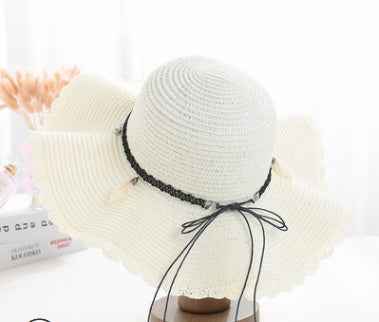 A Sunscreen Han Edition Big Beach Hat Wavy Skirt Together Leather Rope Weaving White One size