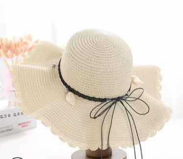 A Sunscreen Han Edition Big Beach Hat Wavy Skirt Together Leather Rope Weaving Rice white One size
