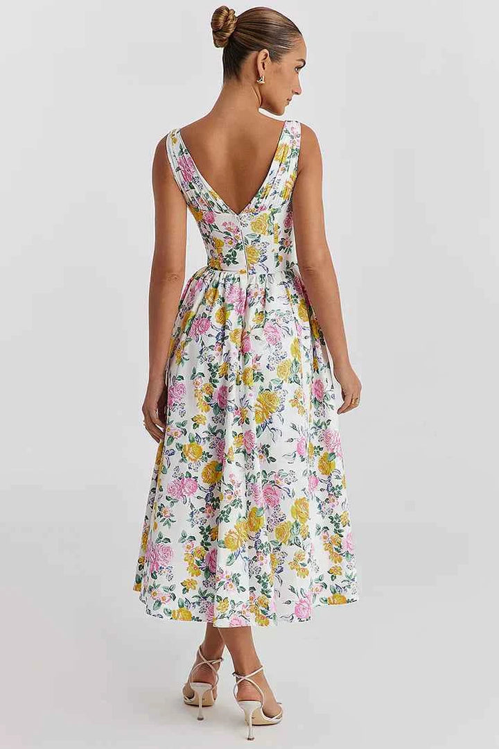 Women's Floral Print Midi Dress - Fitted, Sleeveless, V-Neck, Breathable