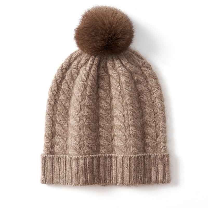 Cozy Ribbed Cuff Beanie with Pom-Pom Brown One size