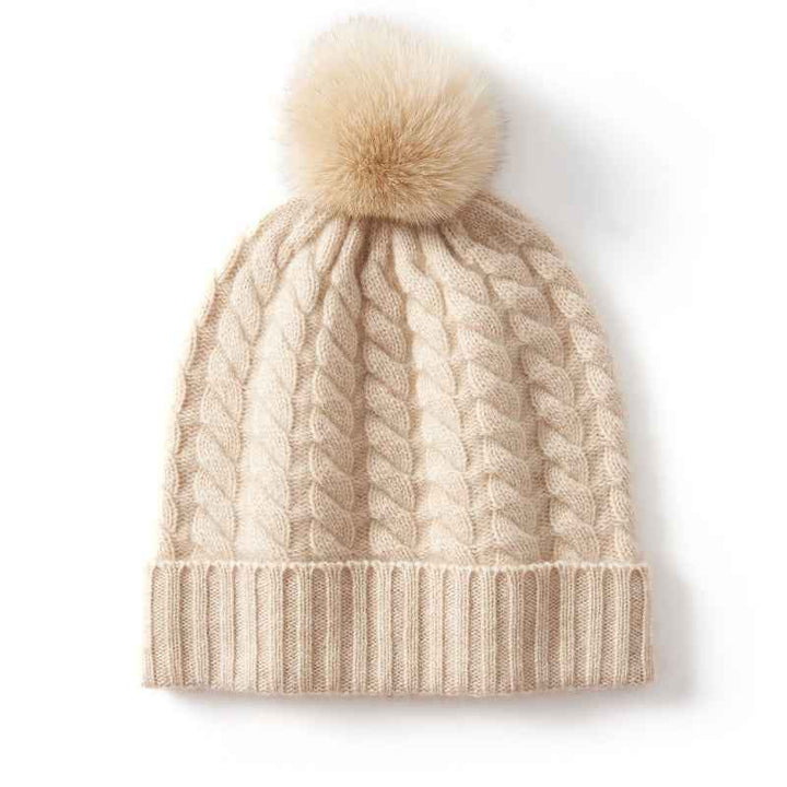 Cozy Ribbed Cuff Beanie with Pom-Pom Beige One size