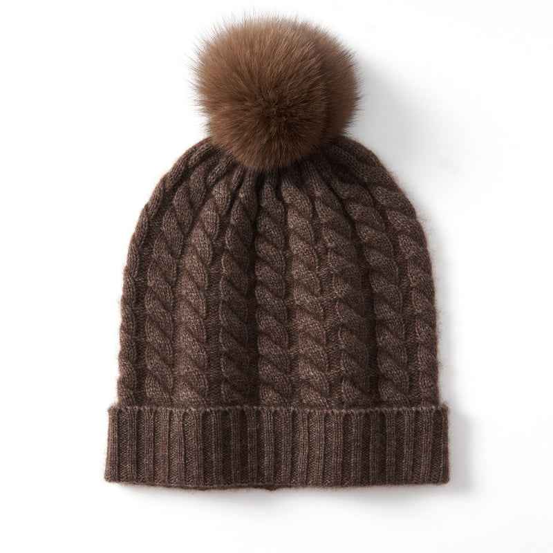 Cozy Ribbed Cuff Beanie with Pom-Pom Dark Brown One size