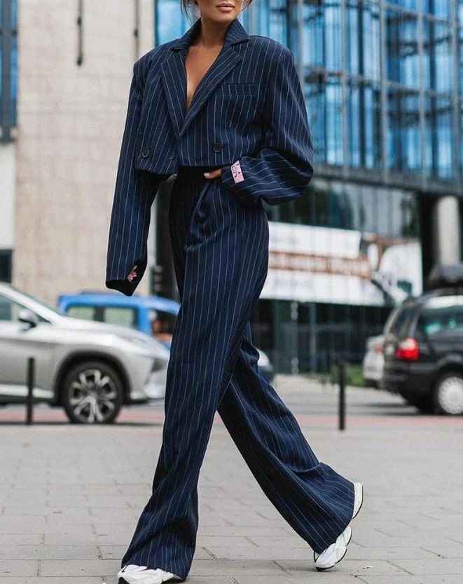 Women's Cropped Blazer & High Waist Wide Leg Trousers Set - Striped Design Marine Blue