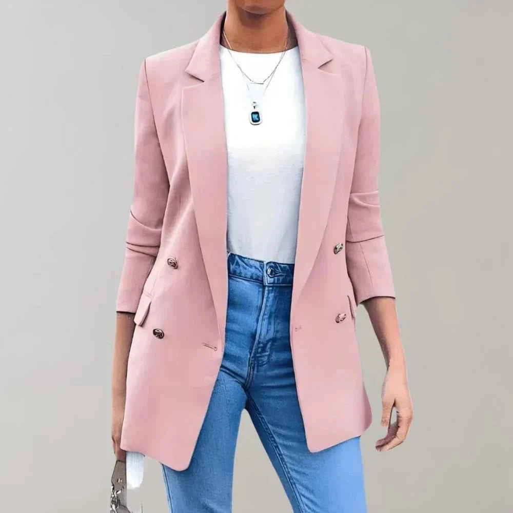Women's Fitted Double Breasted Blazer - 3/4 Sleeve with Notched Lapel Pink