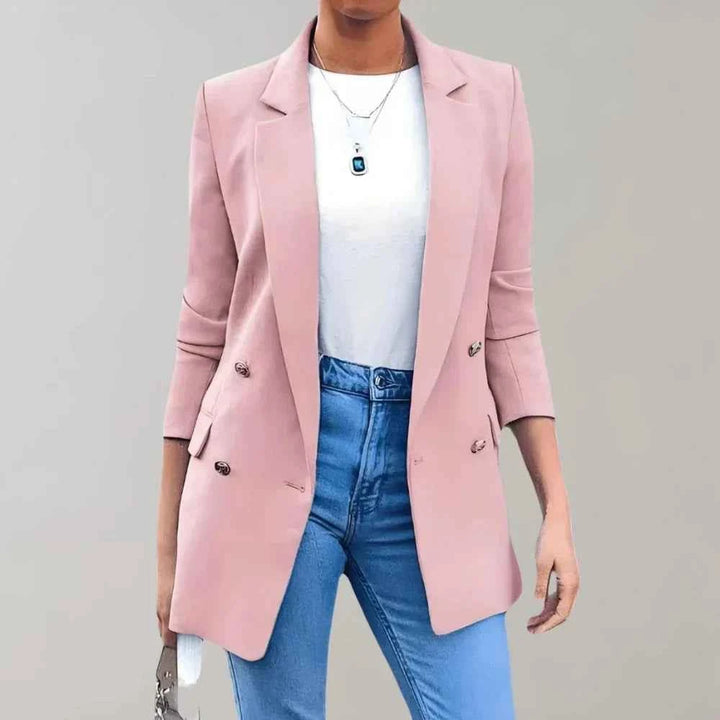 Women's Fitted Double Breasted Blazer - 3/4 Sleeve with Notched Lapel Pink