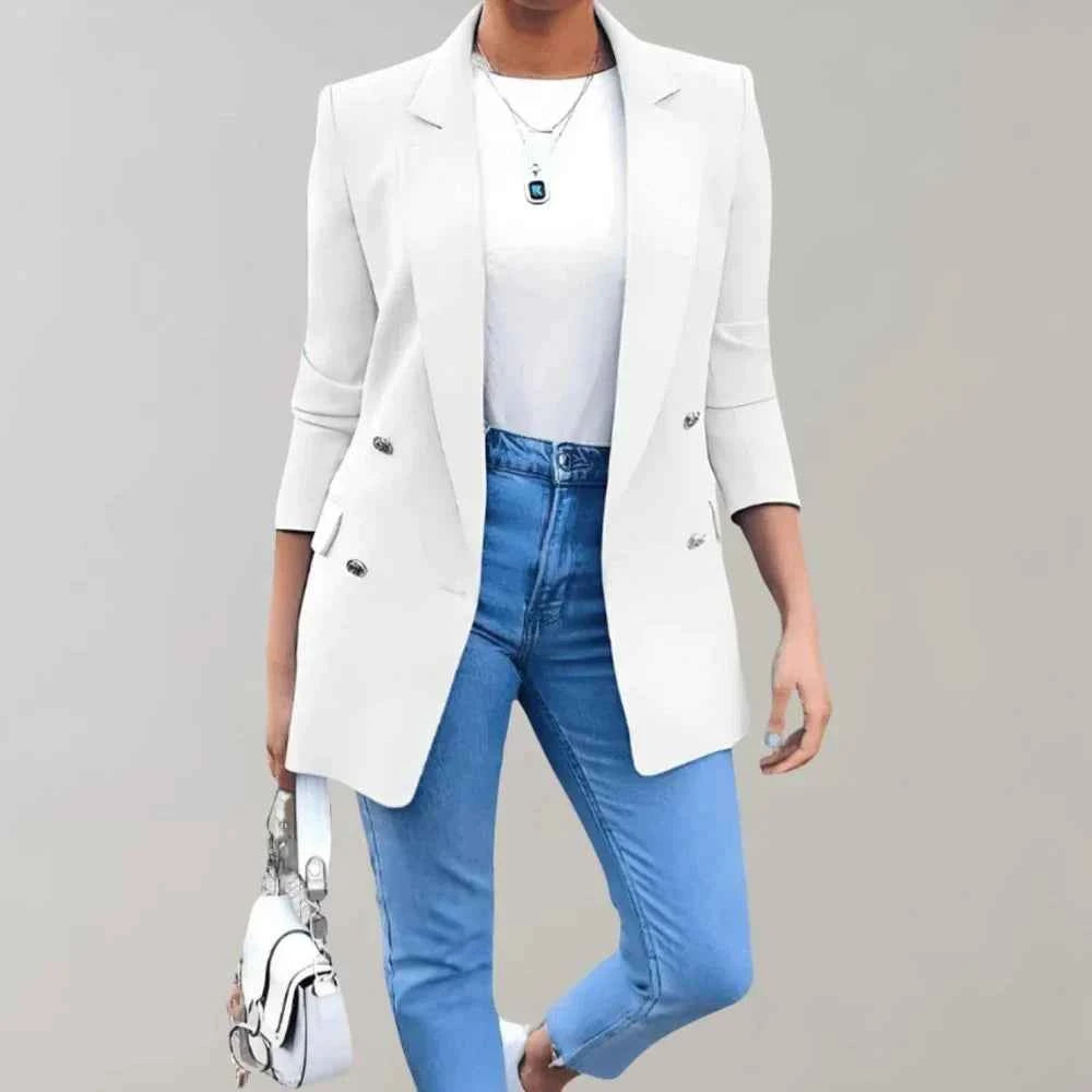 Women's Fitted Double Breasted Blazer - 3/4 Sleeve with Notched Lapel White