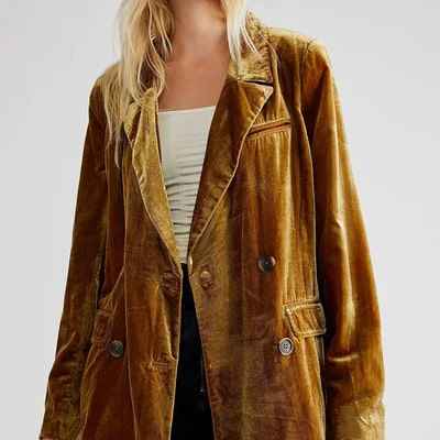 Women's Velour Blazer - Relaxed Fit, Single Button Closure, Classic Lapels Orange
