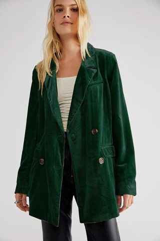 Women's Velour Blazer - Relaxed Fit, Single Button Closure, Classic Lapels Green