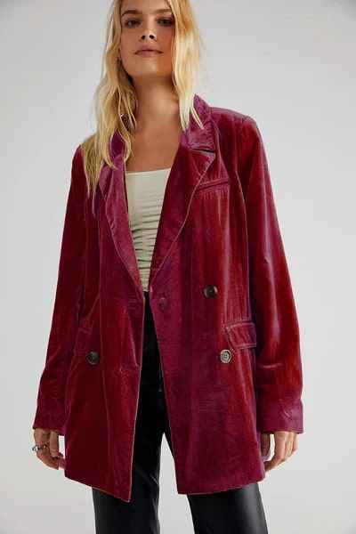 Women's Velour Blazer - Relaxed Fit, Single Button Closure, Classic Lapels Red