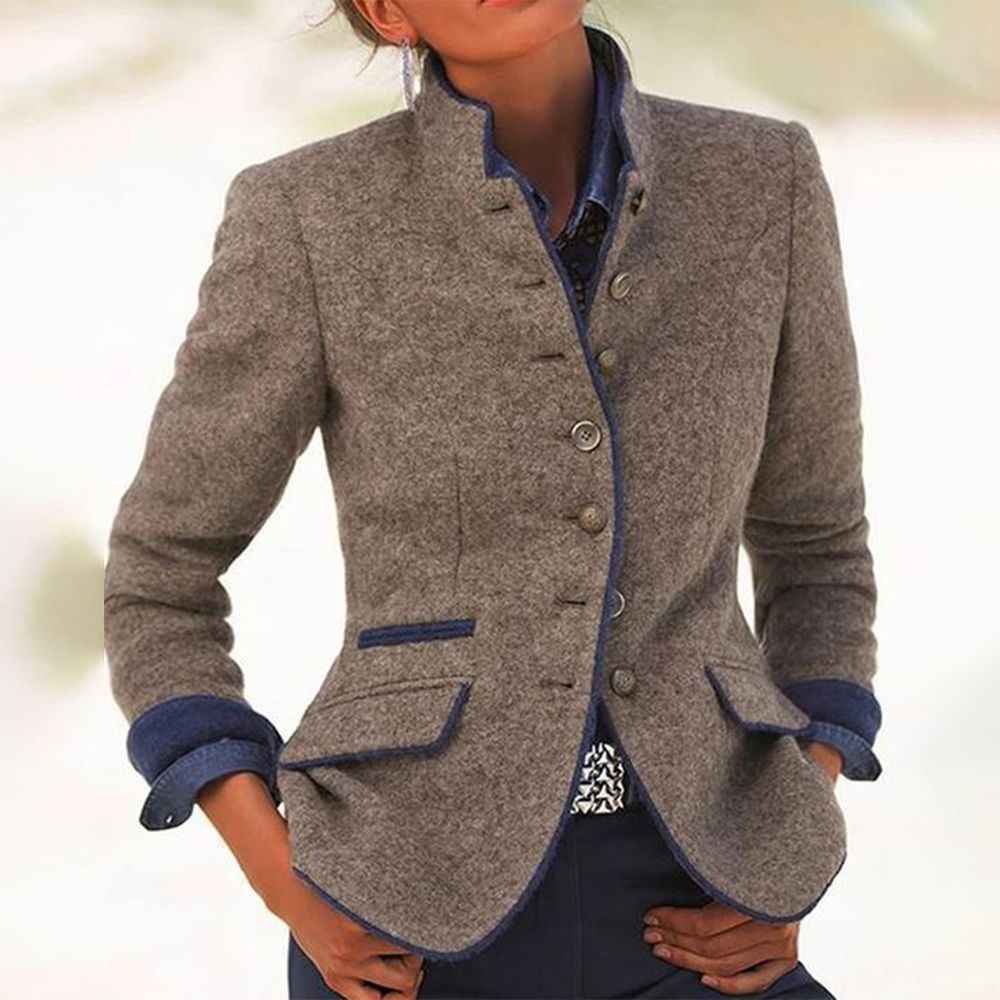 Women's Tailored Blazer - Wool Blend with Contrast Details - Elegant Fit Light Brown