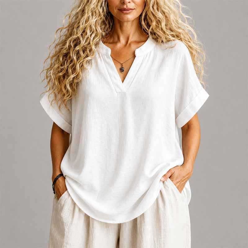 Women's V-Neck Relaxed Linen Blend Blouse