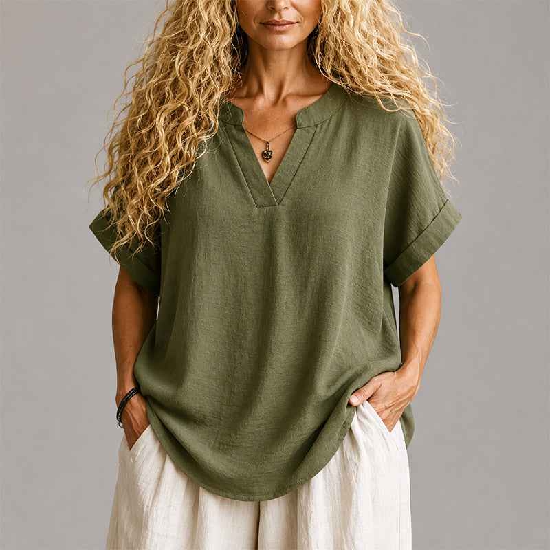 Women's V-Neck Relaxed Linen Blend Blouse