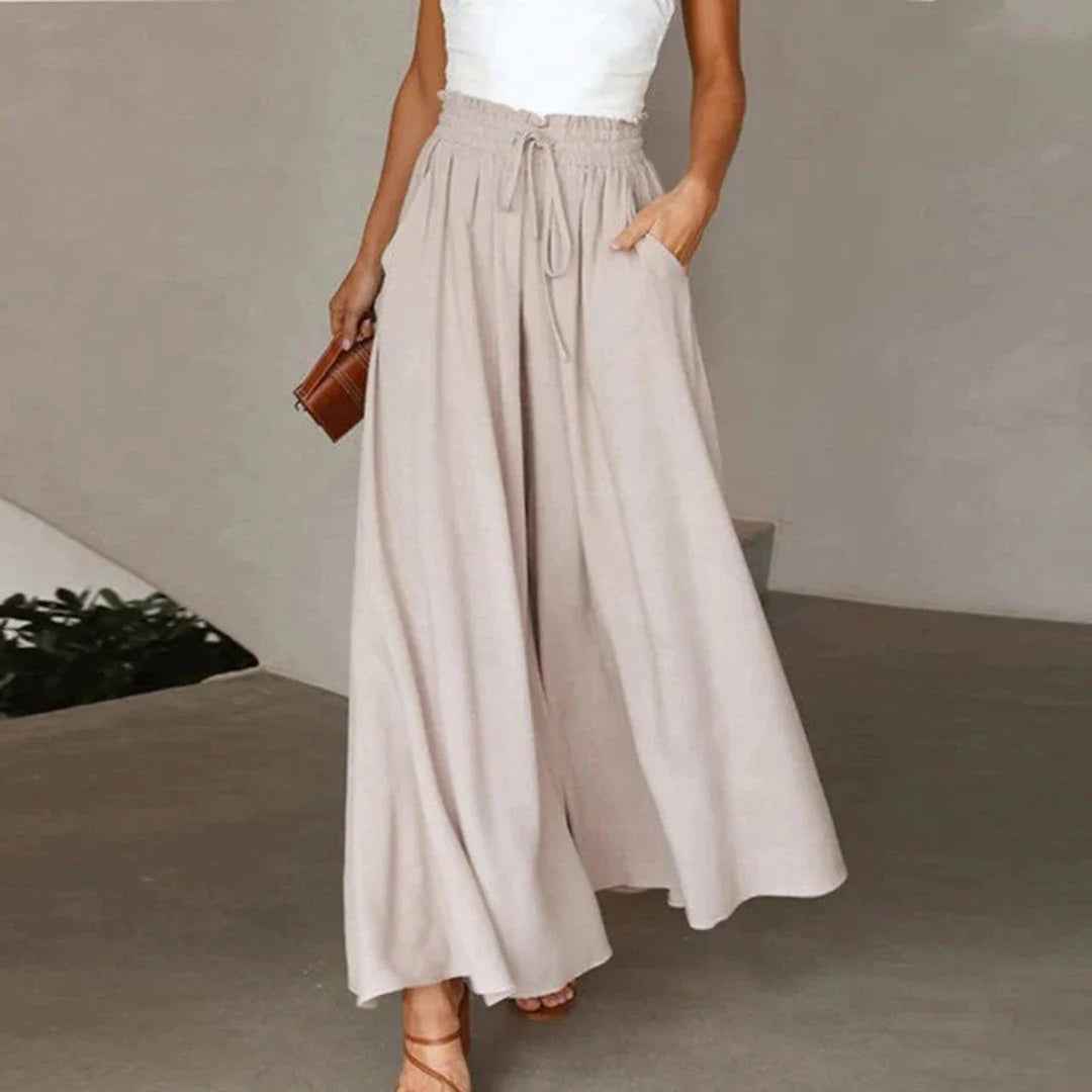 Women's High Waist Wide Leg Pants with Elastic Drawstring - Comfortable Fit Apricot