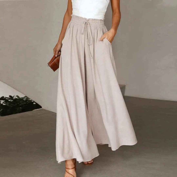 Women's High Waist Wide Leg Pants with Elastic Drawstring - Comfortable Fit Apricot