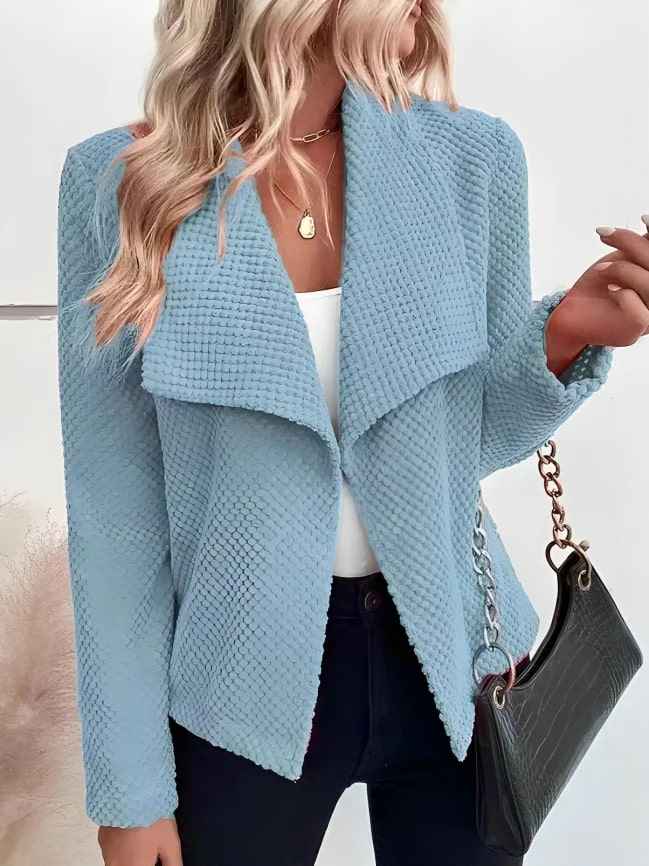 Women's Textured Open Front Blazer with Asymmetrical Hem - Elegant & Casual Style Light Blue