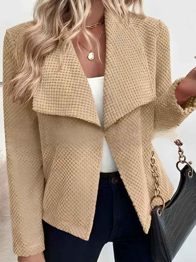 Women's Textured Open Front Blazer with Asymmetrical Hem - Elegant & Casual Style Khaki