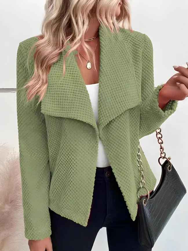 Women's Textured Open Front Blazer with Asymmetrical Hem - Elegant & Casual Style Green