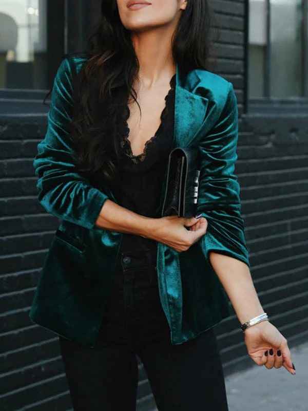 Women's Velvet Blazer - Tailored Fit with Notch Lapel & Stylish Sleeves Green