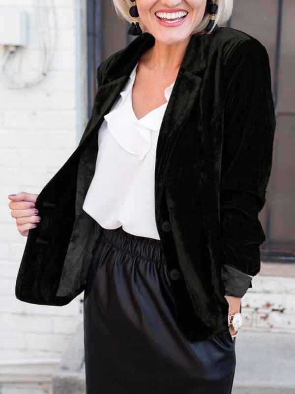 Women's Velvet Blazer - Tailored Fit with Notch Lapel & Stylish Sleeves Black