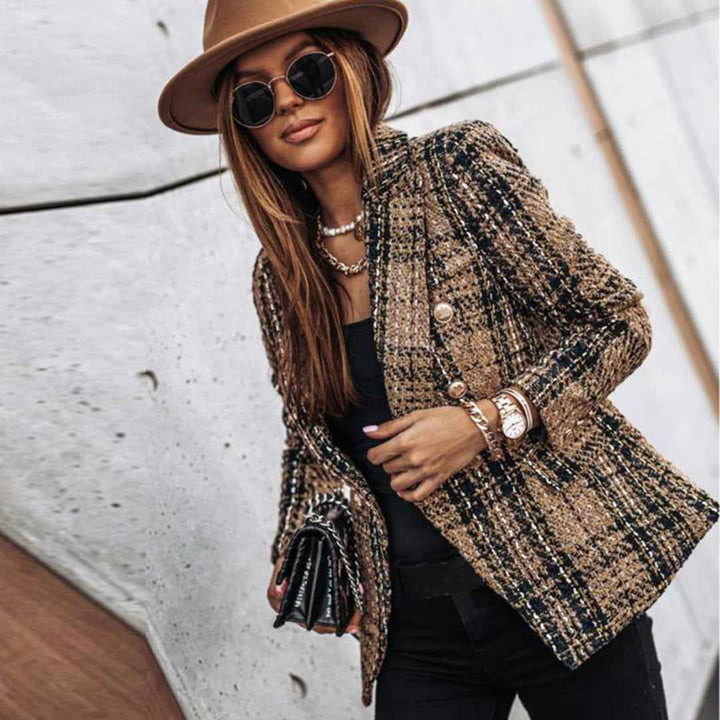 Women's Fitted Tweed Blazer - Check Pattern - Elegant Single Closure Brown