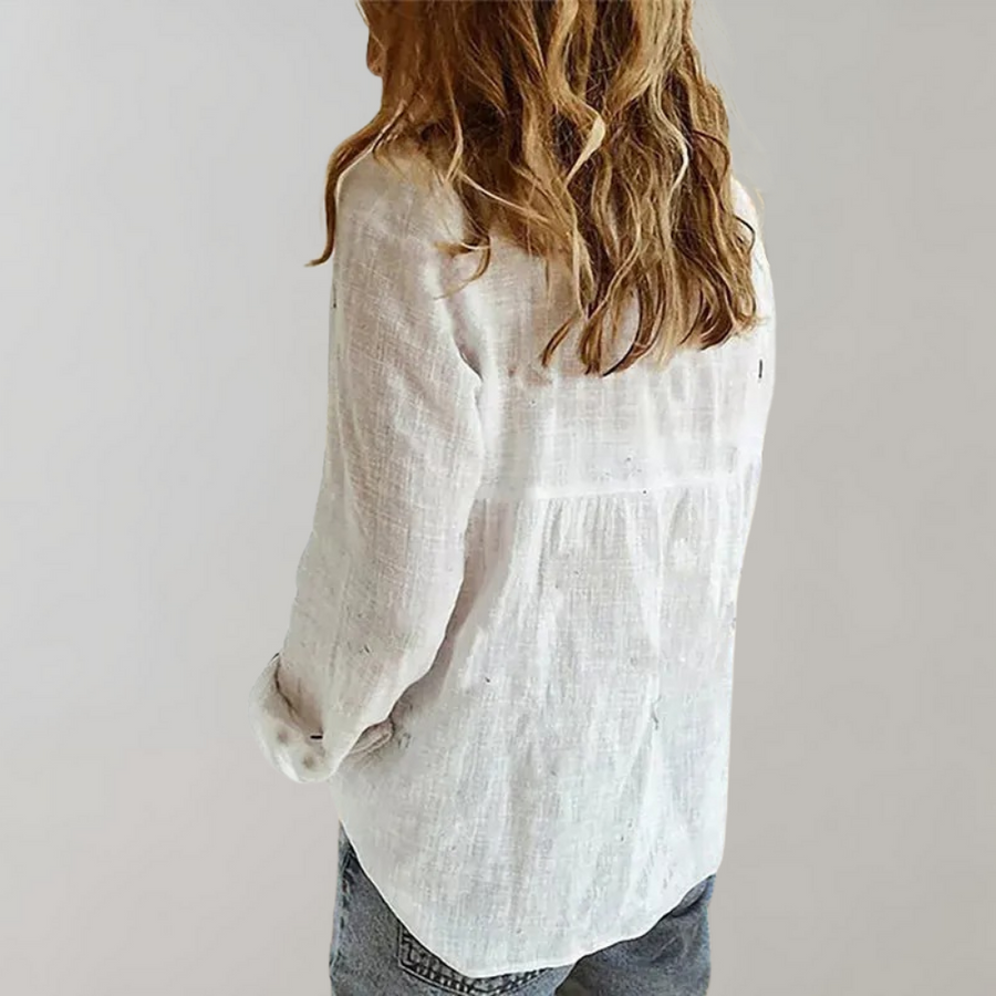 Women's Relaxed Fit Linen Blend Blouse – Long Sleeves & Classic Collar