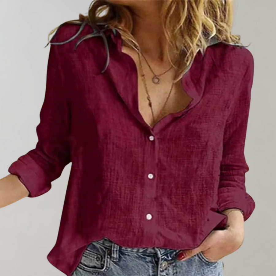 Women's Relaxed Fit Linen Blend Blouse – Long Sleeves & Classic Collar Bordeaux