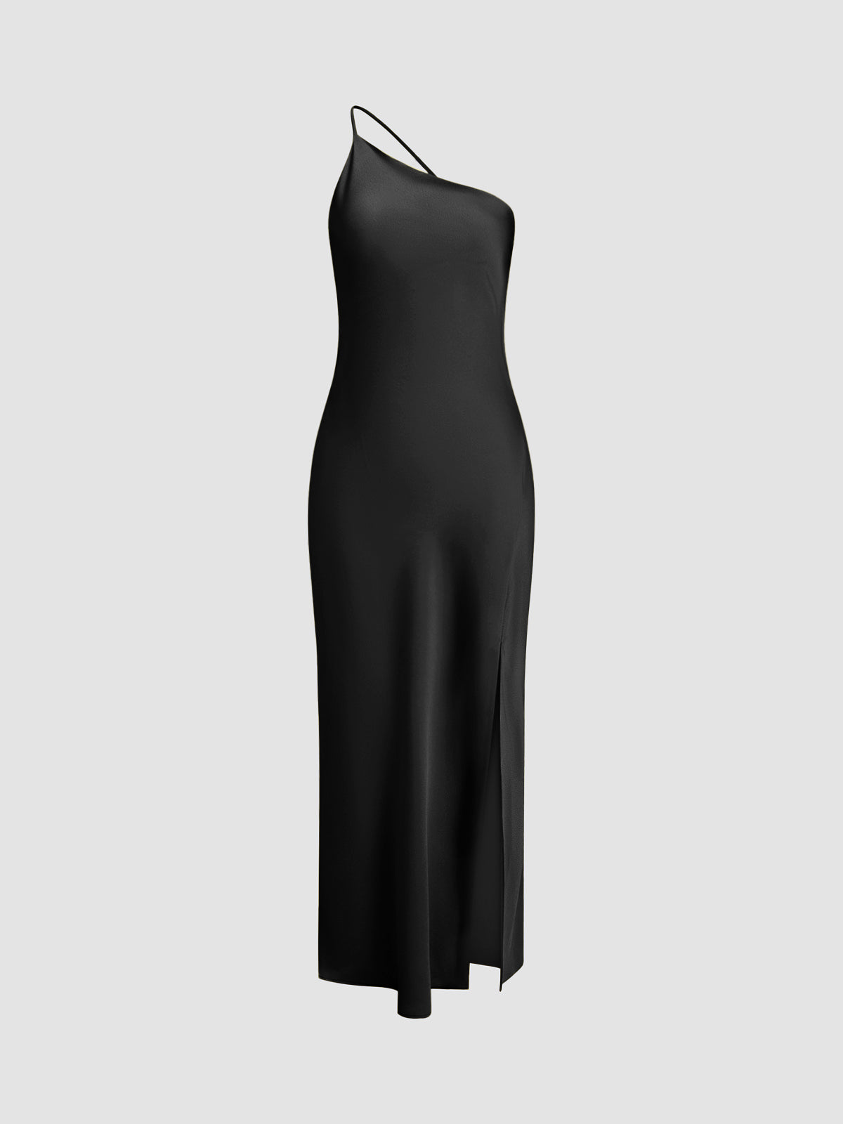 Women's One-Shoulder Midi Slip Dress – Silky Satin Look with Slit Black
