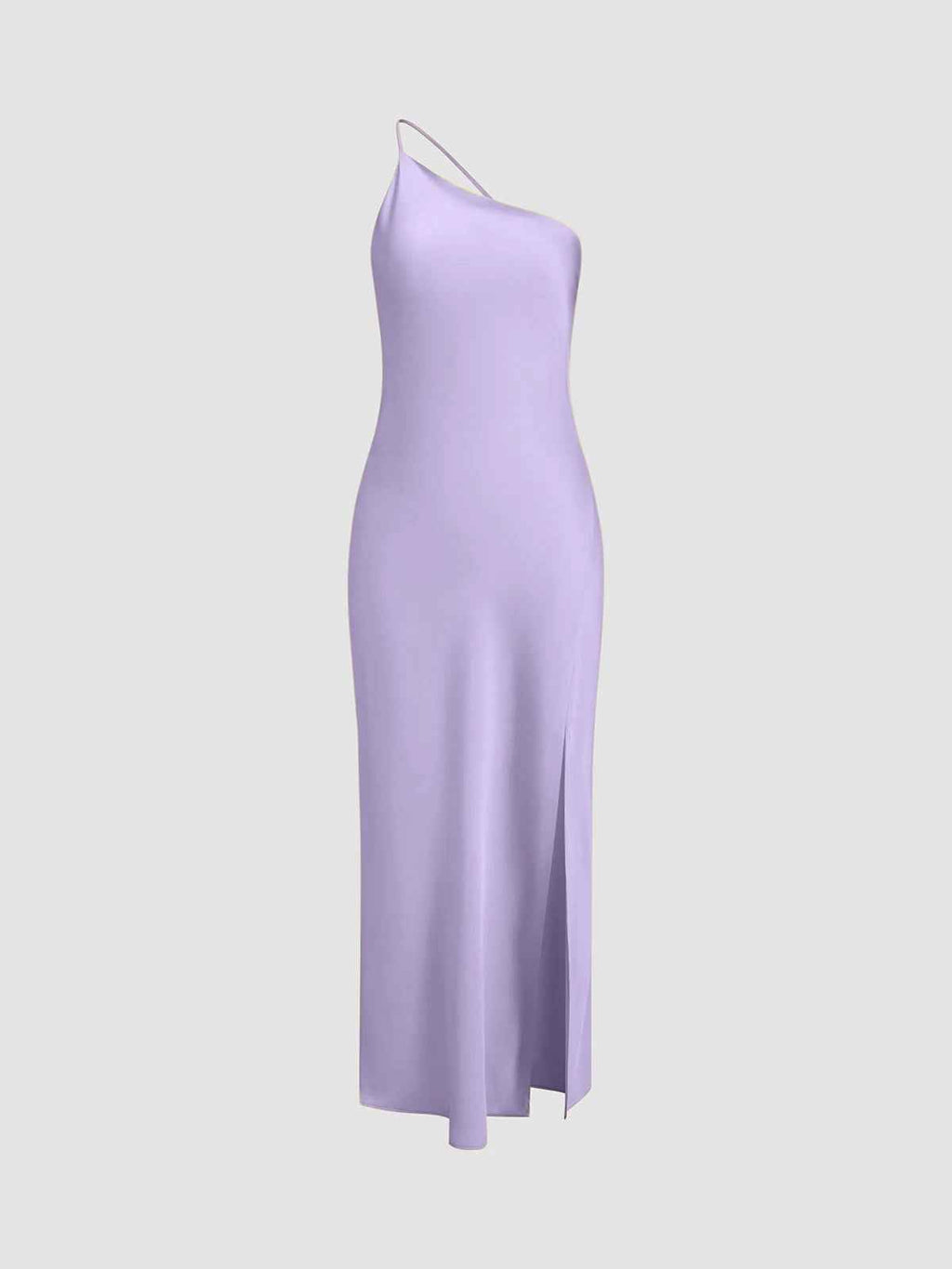 Women's One-Shoulder Midi Slip Dress – Silky Satin Look with Slit Purple