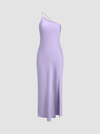 Women's One-Shoulder Midi Slip Dress – Silky Satin Look with Slit Purple