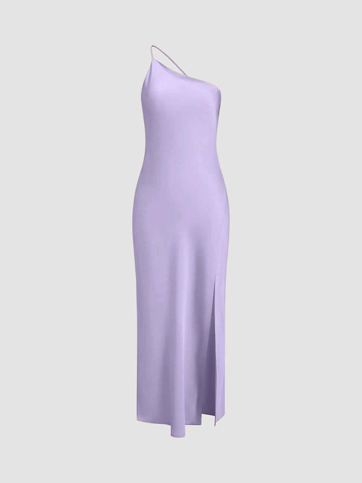 Women's One-Shoulder Midi Slip Dress – Silky Satin Look with Slit Purple