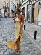 Women's One-Shoulder Midi Slip Dress – Silky Satin Look with Slit Yellow