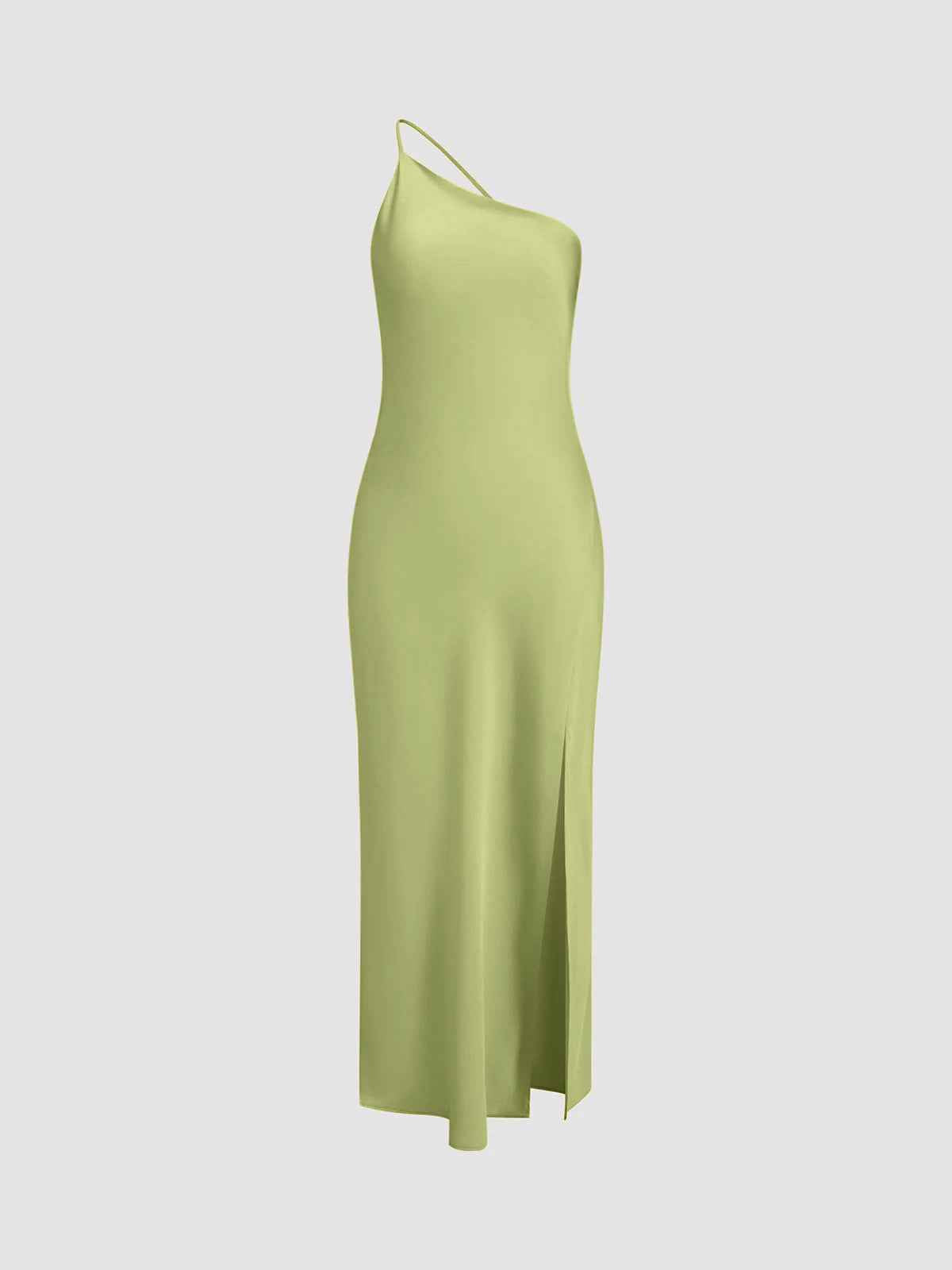 Women's One-Shoulder Midi Slip Dress – Silky Satin Look with Slit Green