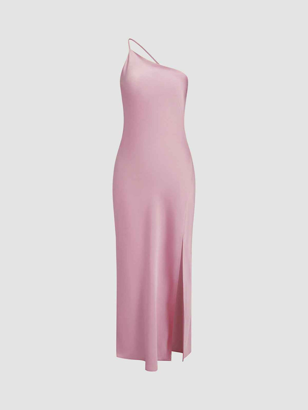 Women's One-Shoulder Midi Slip Dress – Silky Satin Look with Slit Pink