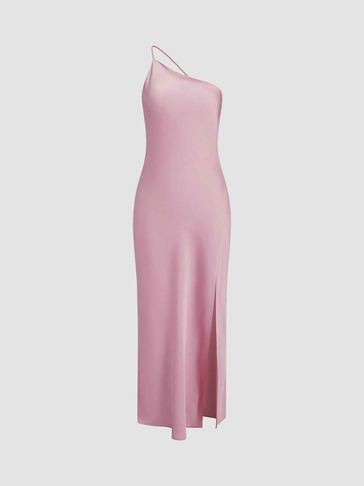 Women's One-Shoulder Midi Slip Dress – Silky Satin Look with Slit Pink