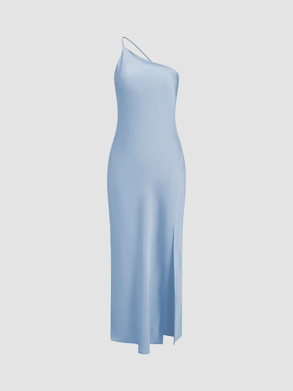 Women's One-Shoulder Midi Slip Dress – Silky Satin Look with Slit Blue