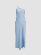 Women's One-Shoulder Midi Slip Dress – Silky Satin Look with Slit Blue