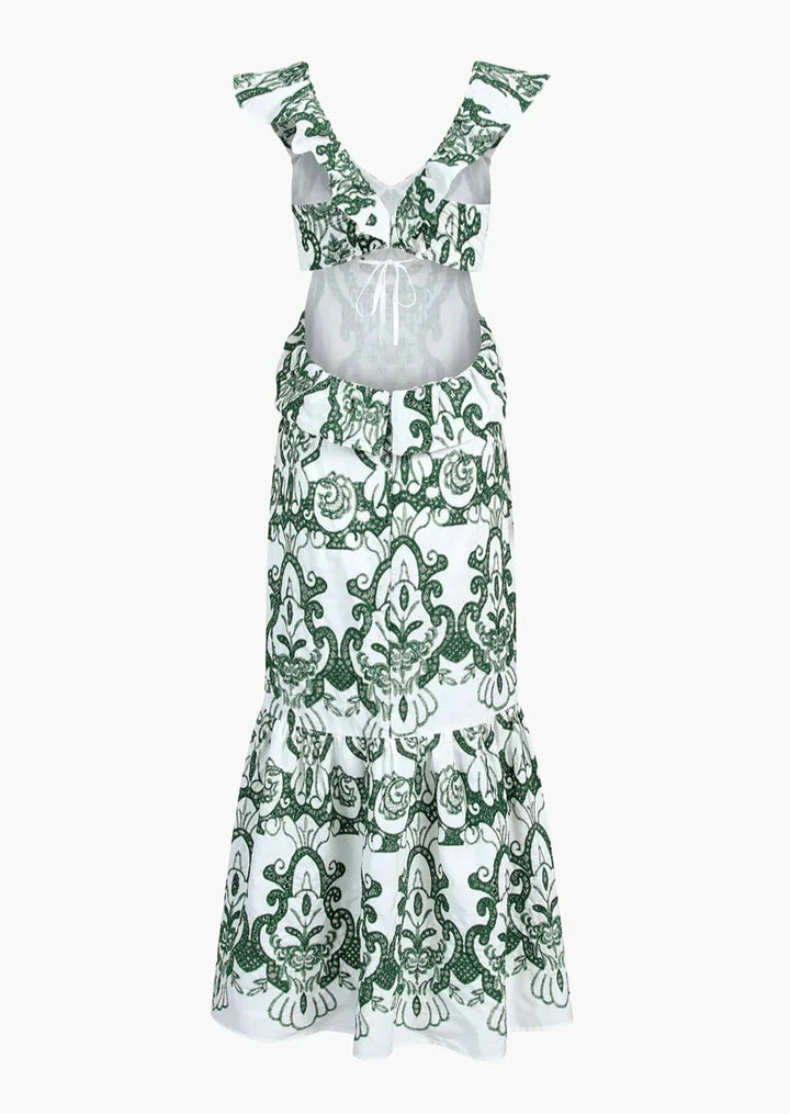 Amalia | Women's Long Cotton Summer Dress with Open Back – White-Green