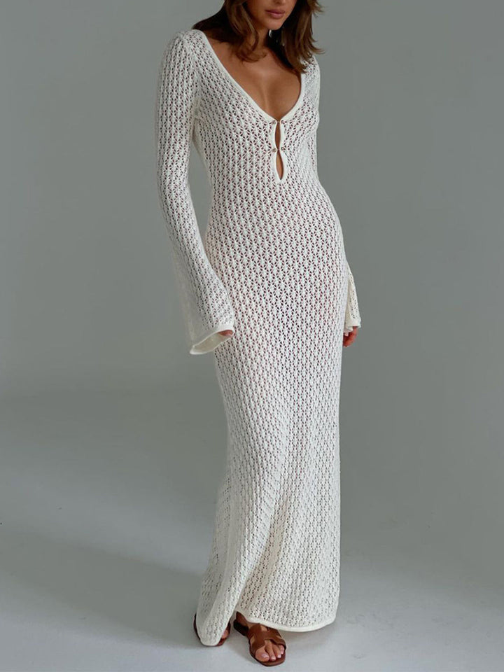 Women's Crocheted Maxi Dress – V-Neck Tie Detail – Loose Fit