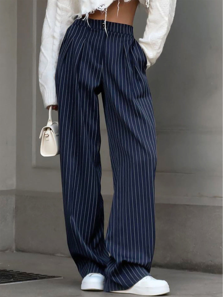 Hedy | Women's Elegant High-Waist Striped Wide-Leg Trousers Navy