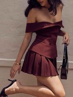 Women's Elegant Off-Shoulder Dress - Double Knotted with Pleated Skirt