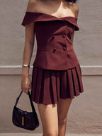 Women's Elegant Off-Shoulder Dress - Double Knotted with Pleated Skirt Burgundy