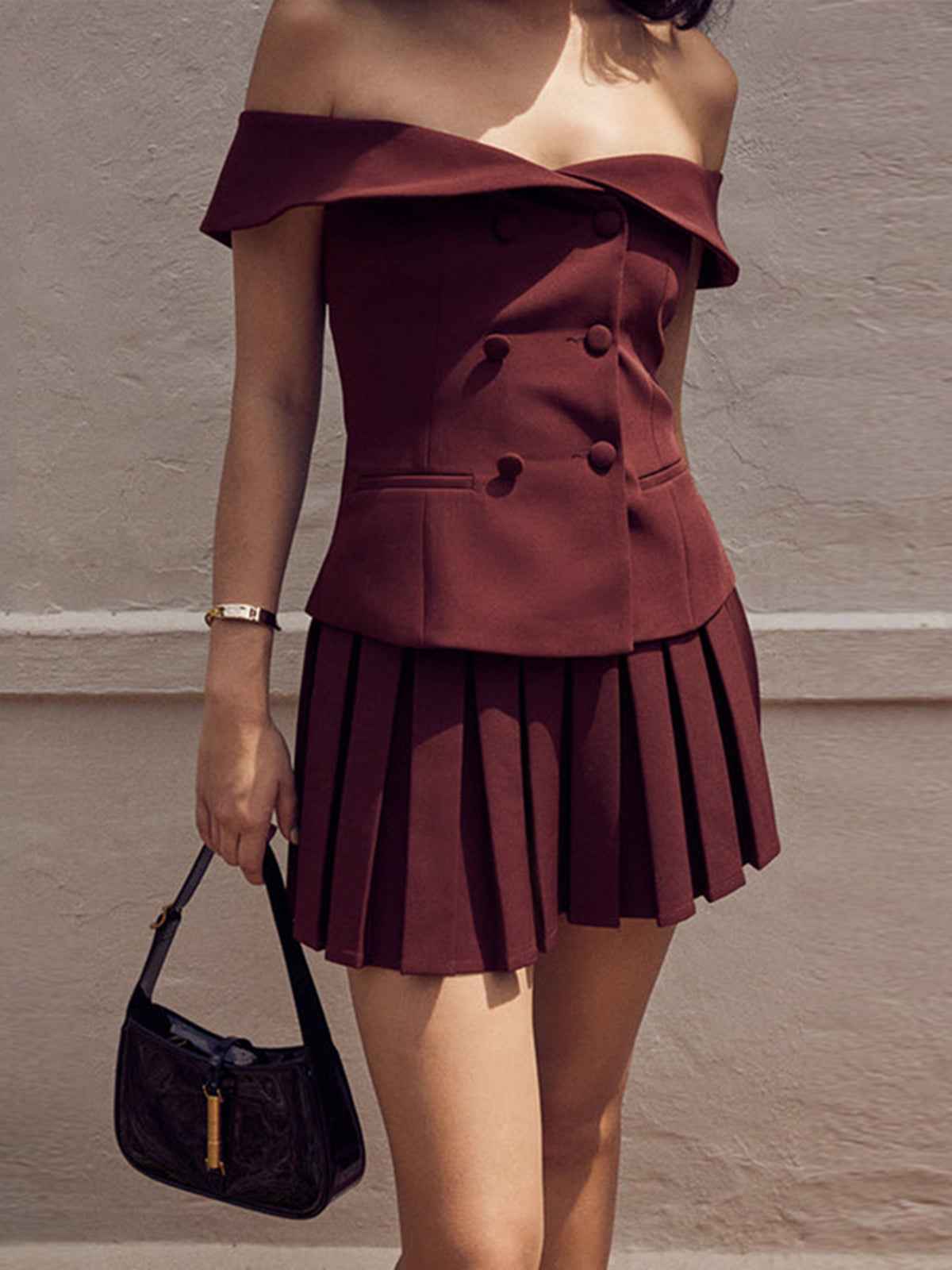 Women's Elegant Off-Shoulder Dress - Double Knotted with Pleated Skirt Burgundy