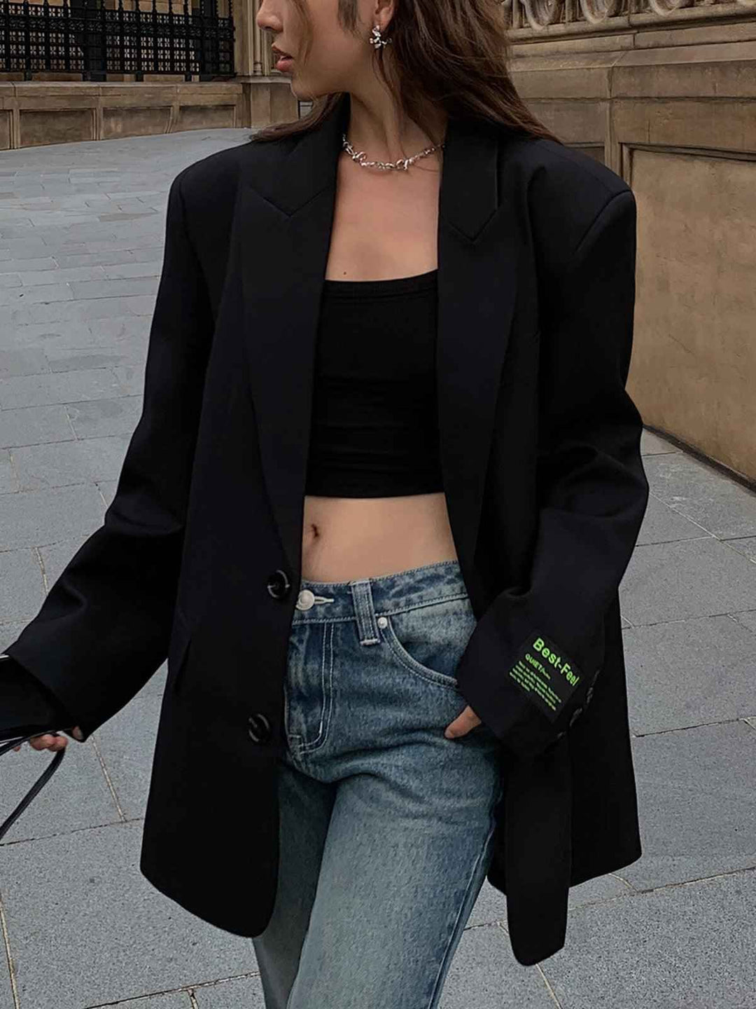 Women's Oversized Blazer - Classic Lapel, 2-Button Closure, Flap Pockets