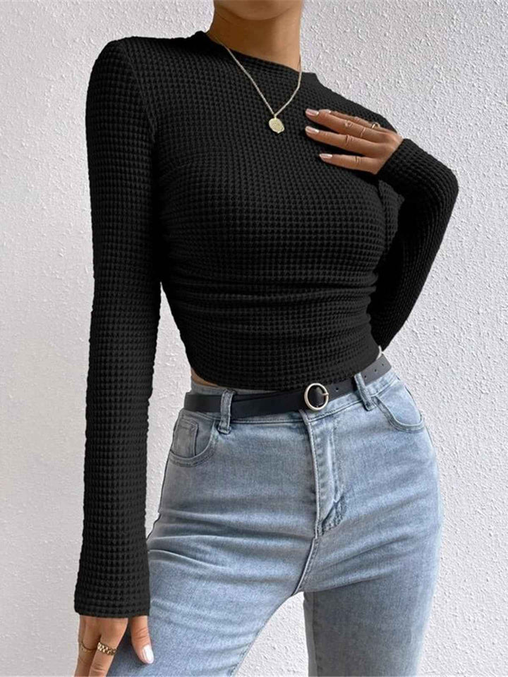 Sage | Women's Fitted Waffle Knit Long Sleeve Top Black